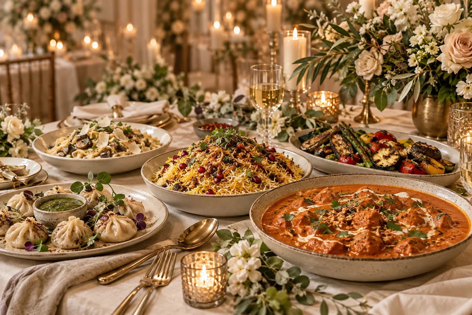 Illustrative celebration table with sharing platters, warm candlelight and cream linen